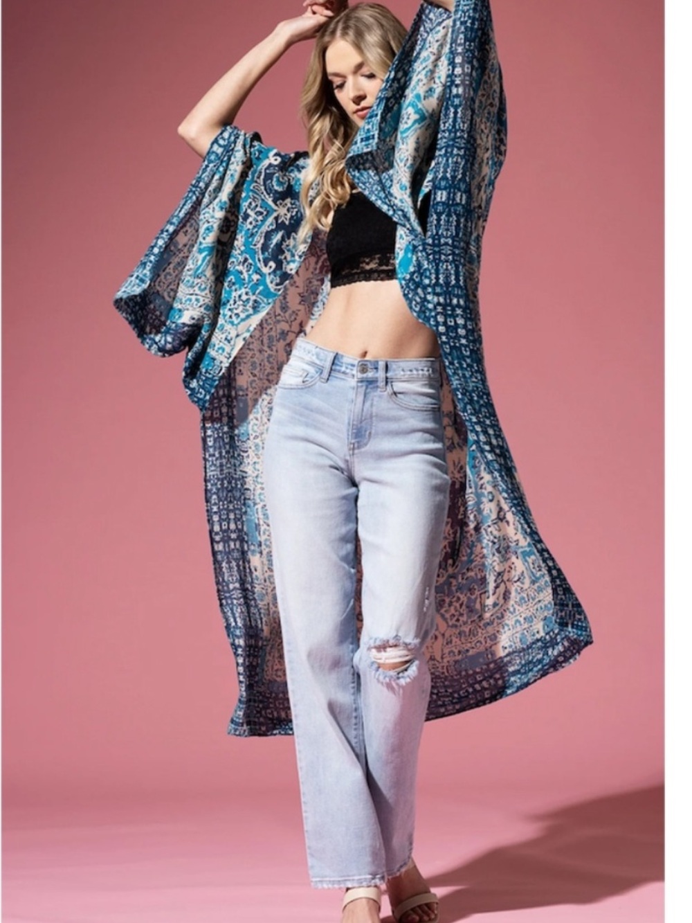 Nwt The Kiera Boho Mandala Angel Sleeve Blue Printed Kimono One size - Picture 2 of 6